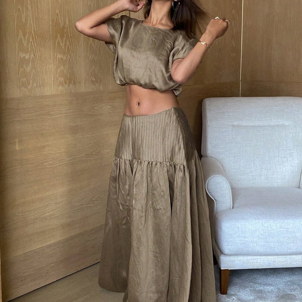 Coffee Brown Women's Vacation loose fit top with maxi skirt Outfit Set - Picture 5 of 7